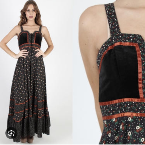 🍂 VINTAGE Gunne Sax By Jessica Cabbage Rose Corset Maxi Dress Cottage Core - Picture 2 of 9